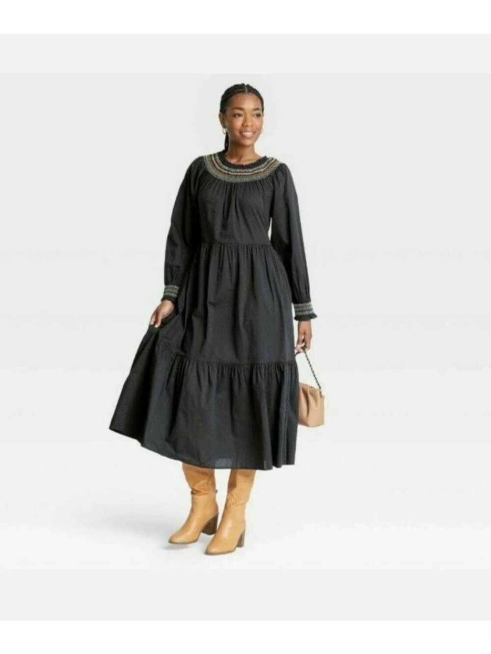 Universal Thread Women XS Gray Balloon Long Sleeve Tiered Dress Pockets Smocked